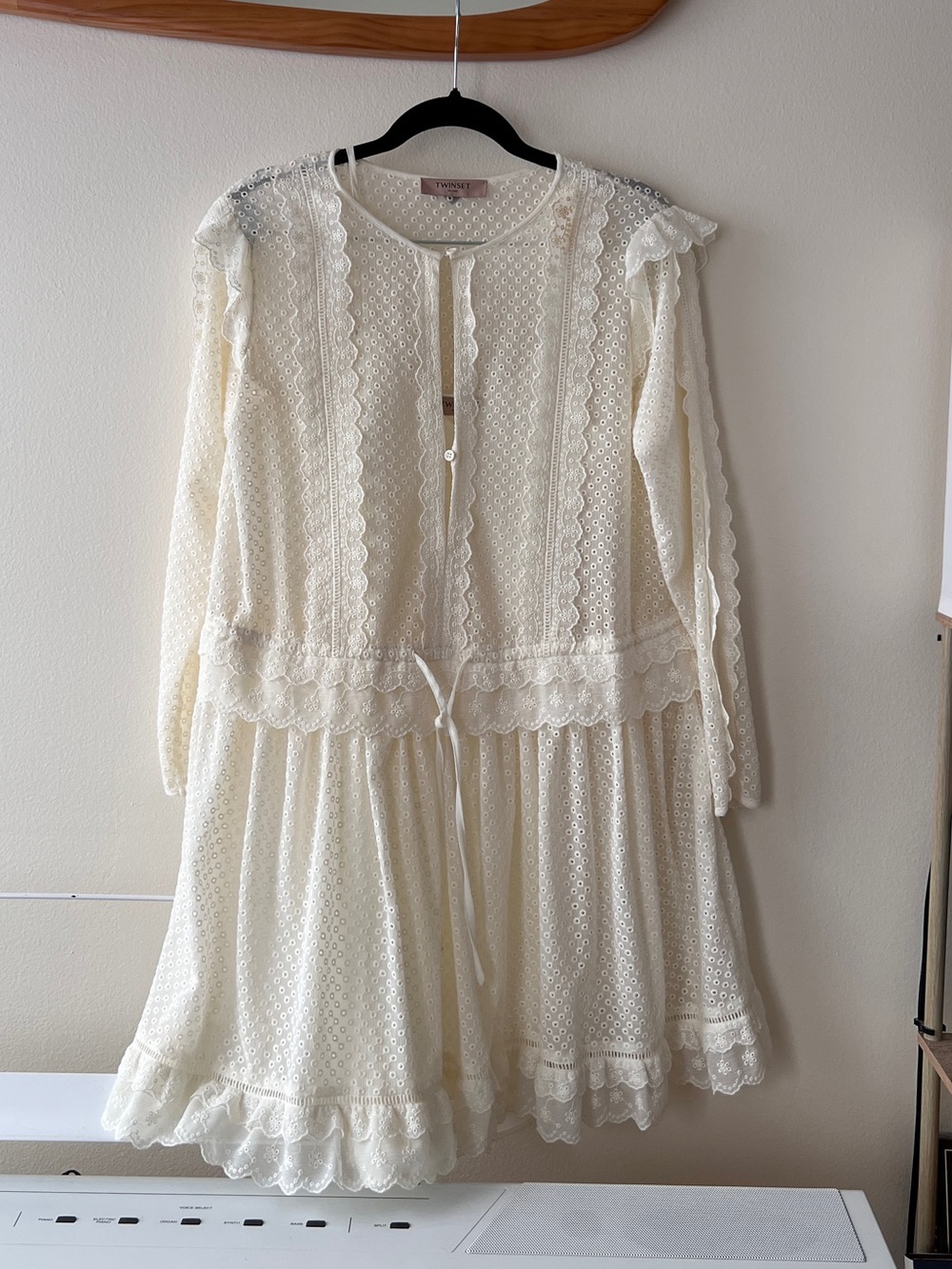 Twin-Set Cream Eyelet Mini Dress with Lace Trim